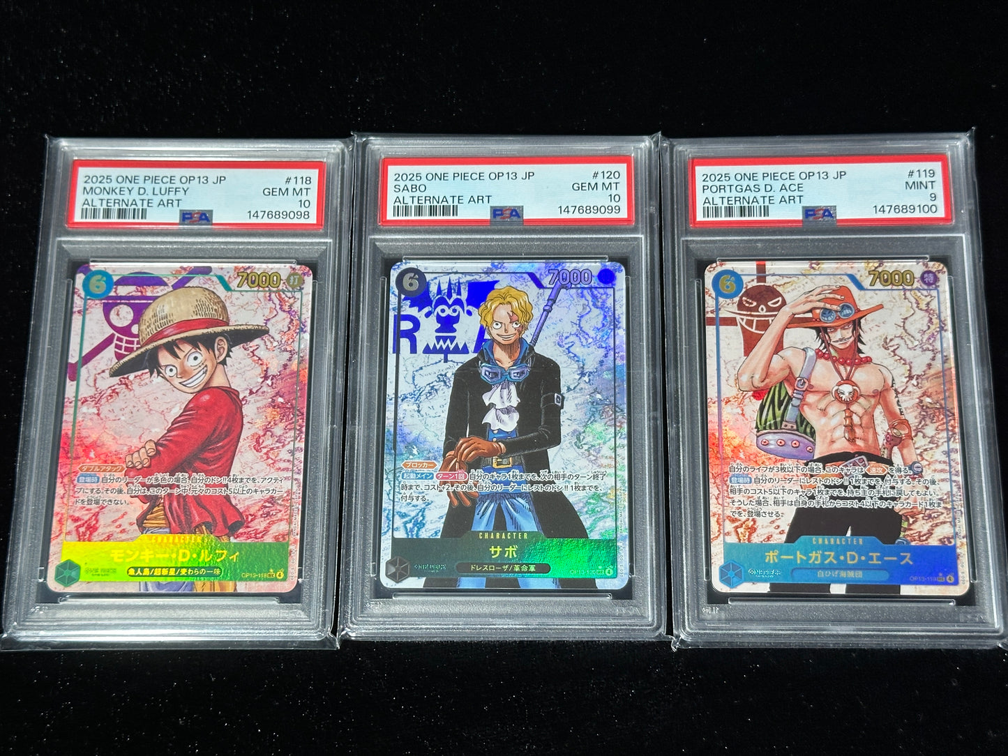 PSA10 & PSA10 & PSA9 2025 ONE PIECE JP OP13-CARRYING ON HIS WILL LUFFY, SABO, ACE ALTERNATE ART ( SEQUENTIAL SET )