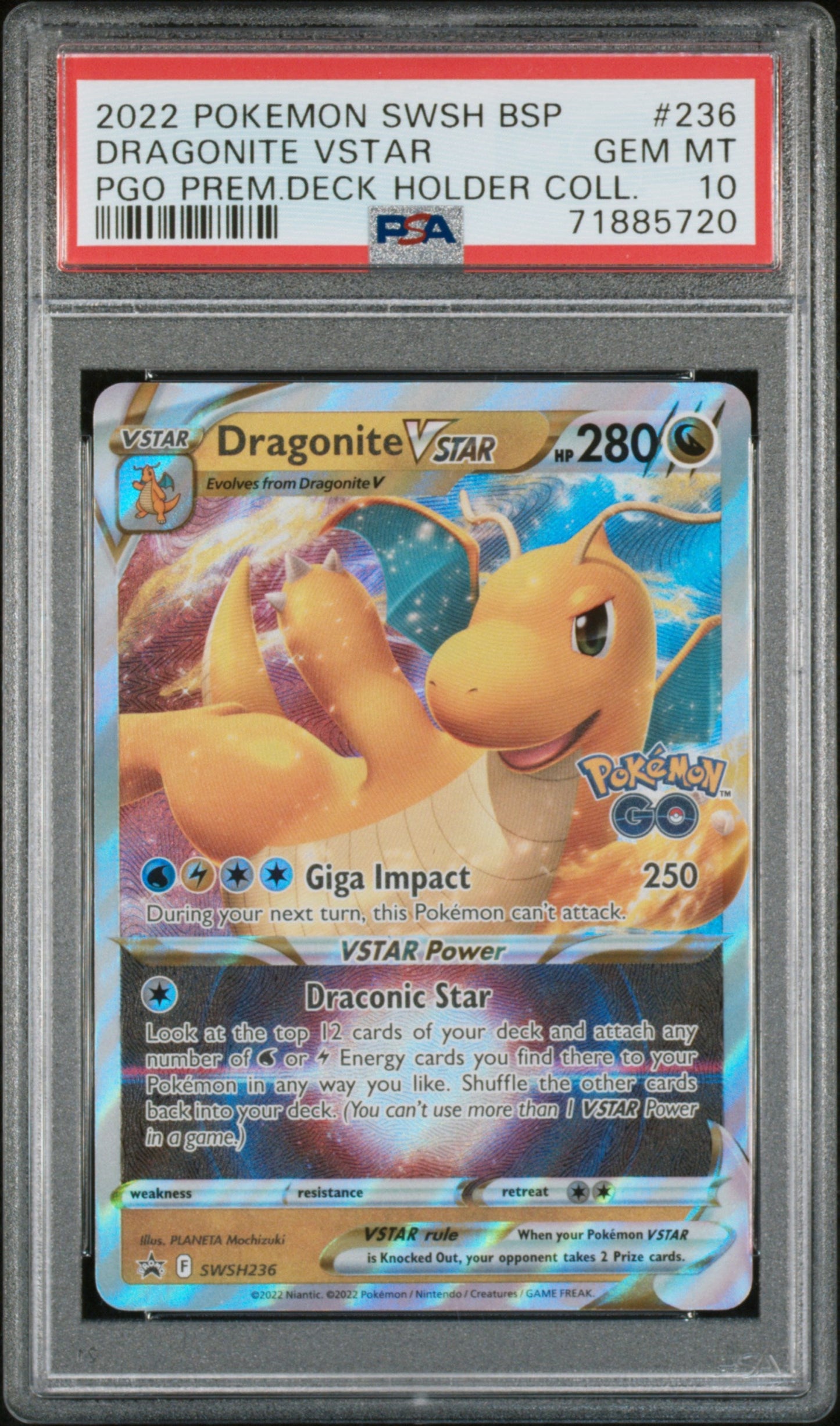 PSA10 - 2022 POKEMON SWSH BLACK STAR PROMO #236 DRAGONITE VSTAR PGO PREM.DECK HOLDER COLL.