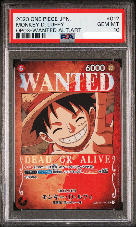 PSA10 - 2023 ONE PIECE JAPANESE OP03-PILLARS OF STRENGTH #012 MONKEY D. LUFFY WANTED ALTERNATE ART